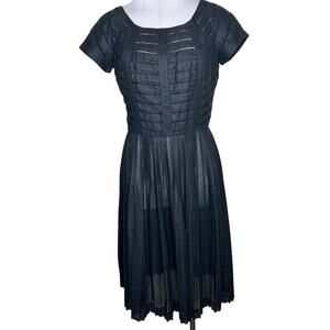 Vtg 50s Carlye Midi Dress 6/8 Black Pleated Cotton Mid Century Made in USA 60s